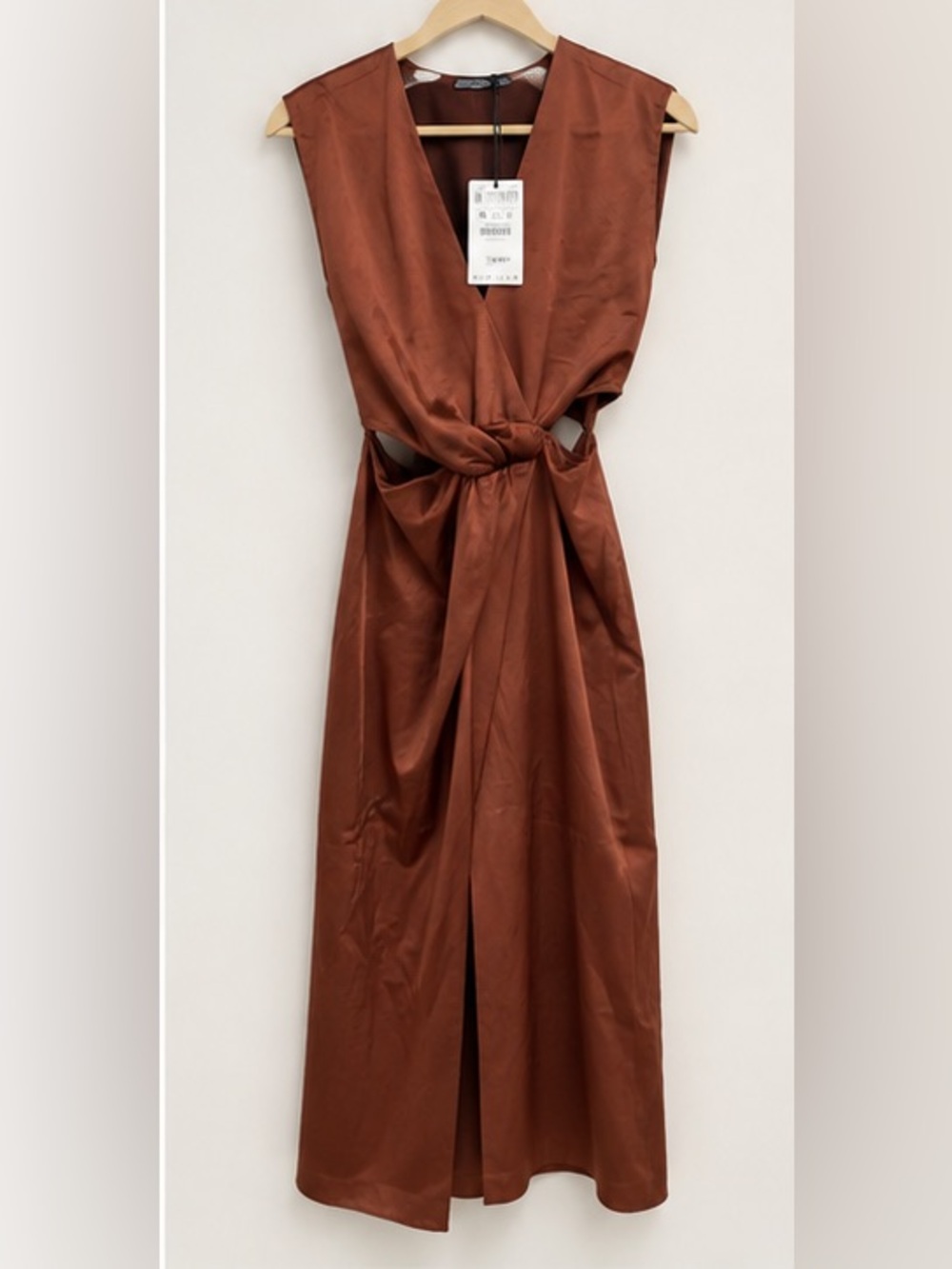 NWT ZARA Chocolate Brown Satin Cutout Midi Dress M